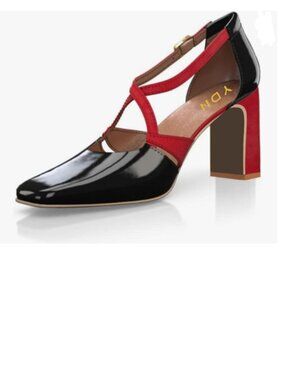 YDN Black/Red Cross Strap Sqaure Toe Pumps Chunky Heel D'orsays Dressy Shoes